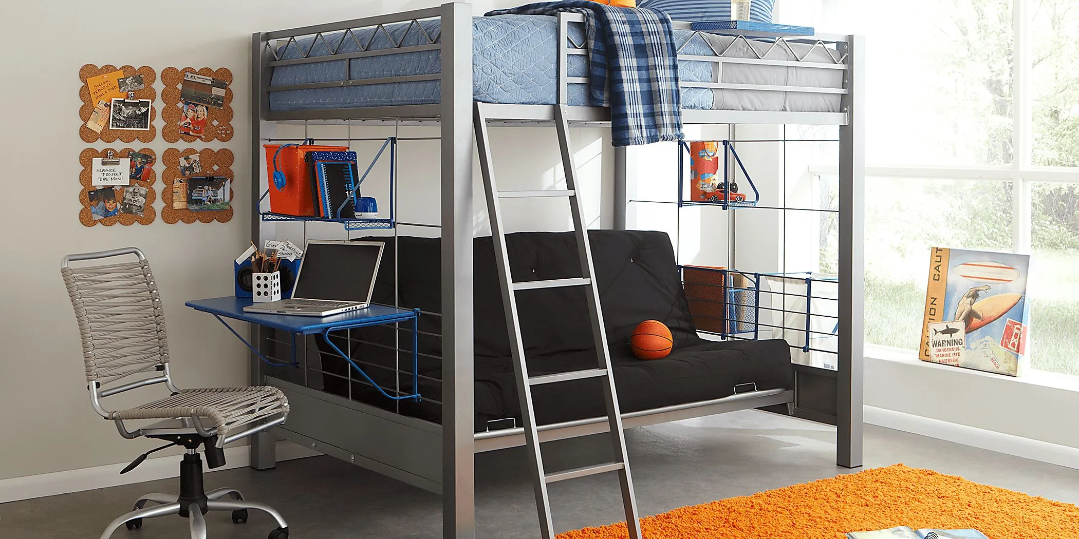 Build-a-Bunk Gray Full/Futon Loft Bed with Blue Accessories