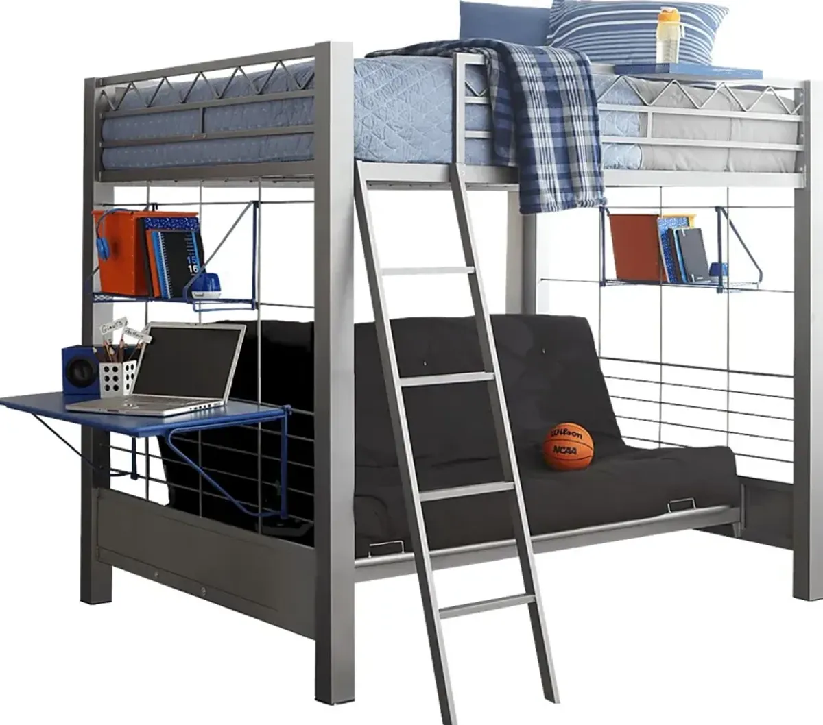 Build-a-Bunk Gray Full/Futon Loft Bed with Blue Accessories