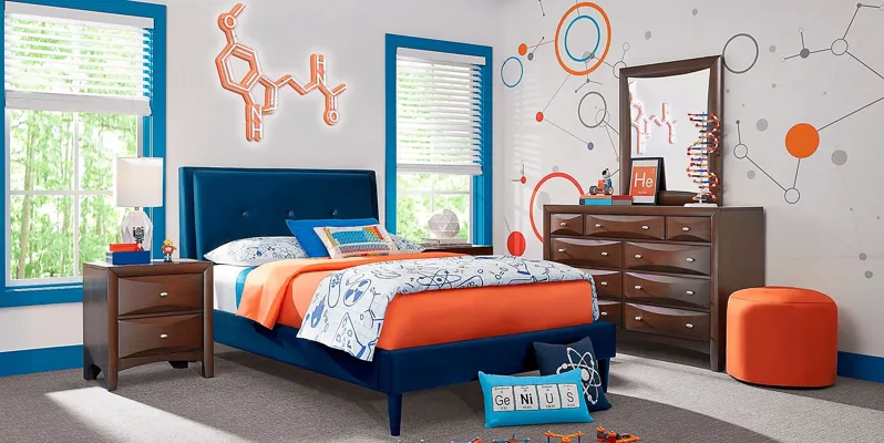 Kids Ivy League 2.0 Walnut 5 Pc Bedroom with Jaidyn Blue Twin Upholstered Bed