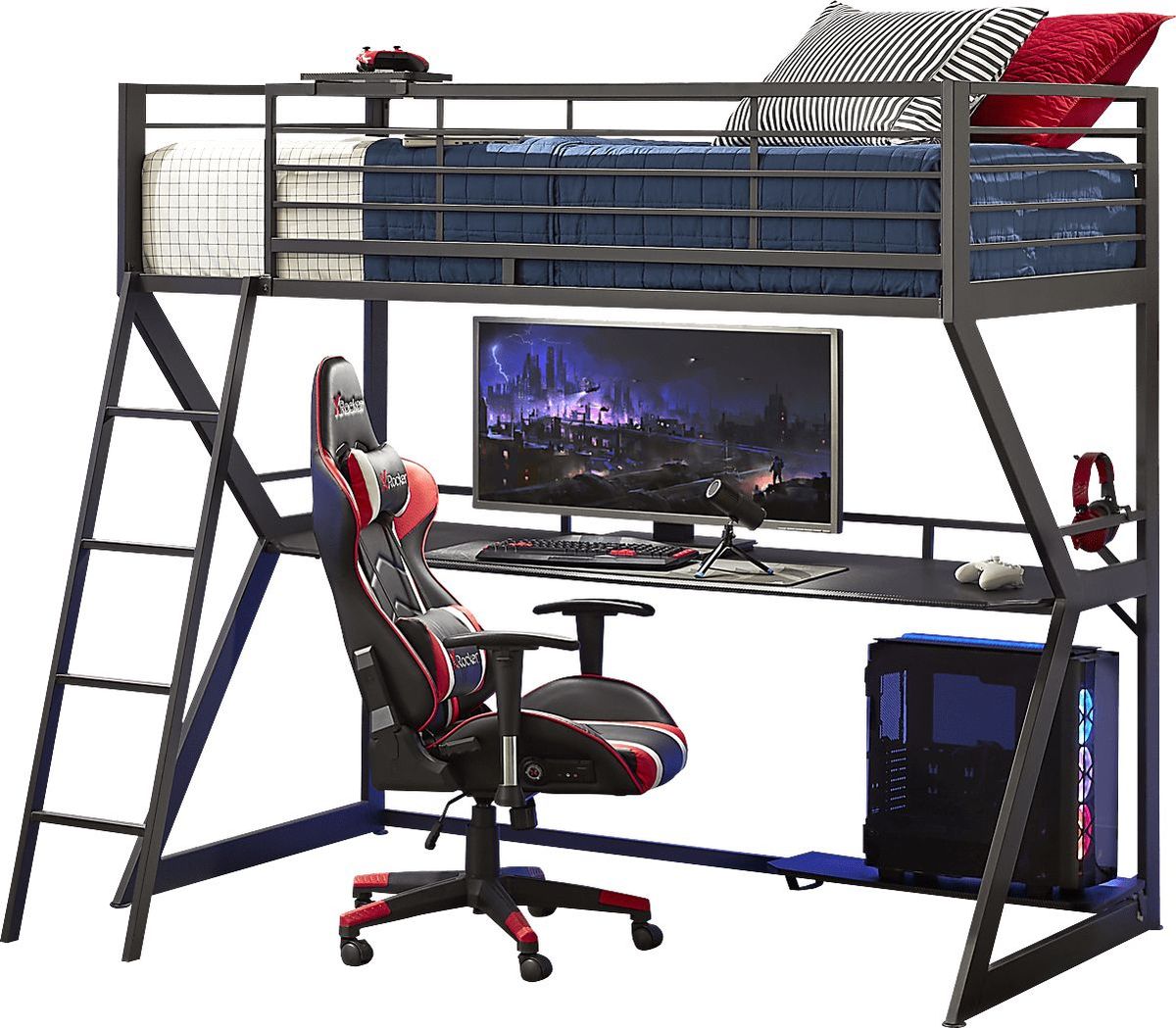 Kids Carbon Optix Black 2 Pc Twin Loft Gaming Bedroom with LED Lights and Accessories