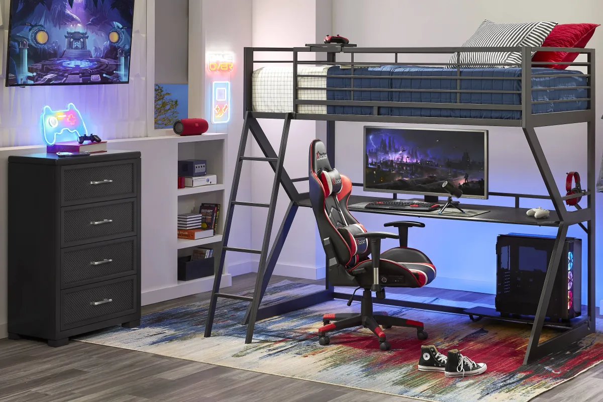 Kids Carbon Optix Black Twin Loft Gaming Bedroom with LED Lights and Accessories