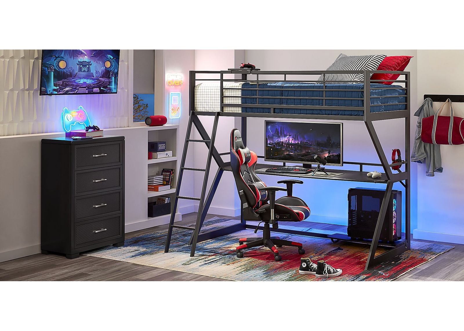 Kids Carbon Optix Black 2 Pc Twin Loft Gaming Bedroom with LED Lights and Accessories