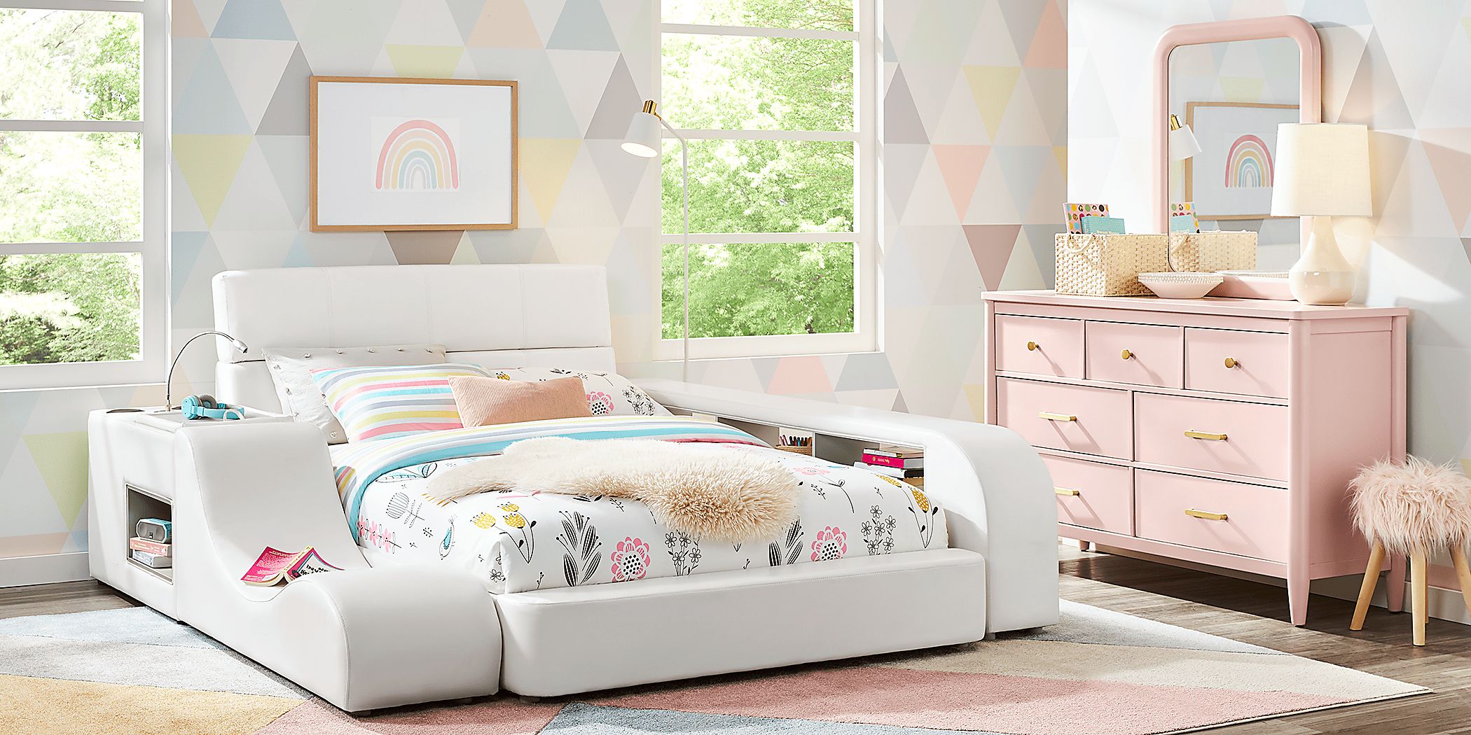 Kids Modern Colors Pink 8 Pc Bedroom with Recharged White Twin Bed, Nightstand, Lounger, Bookcase