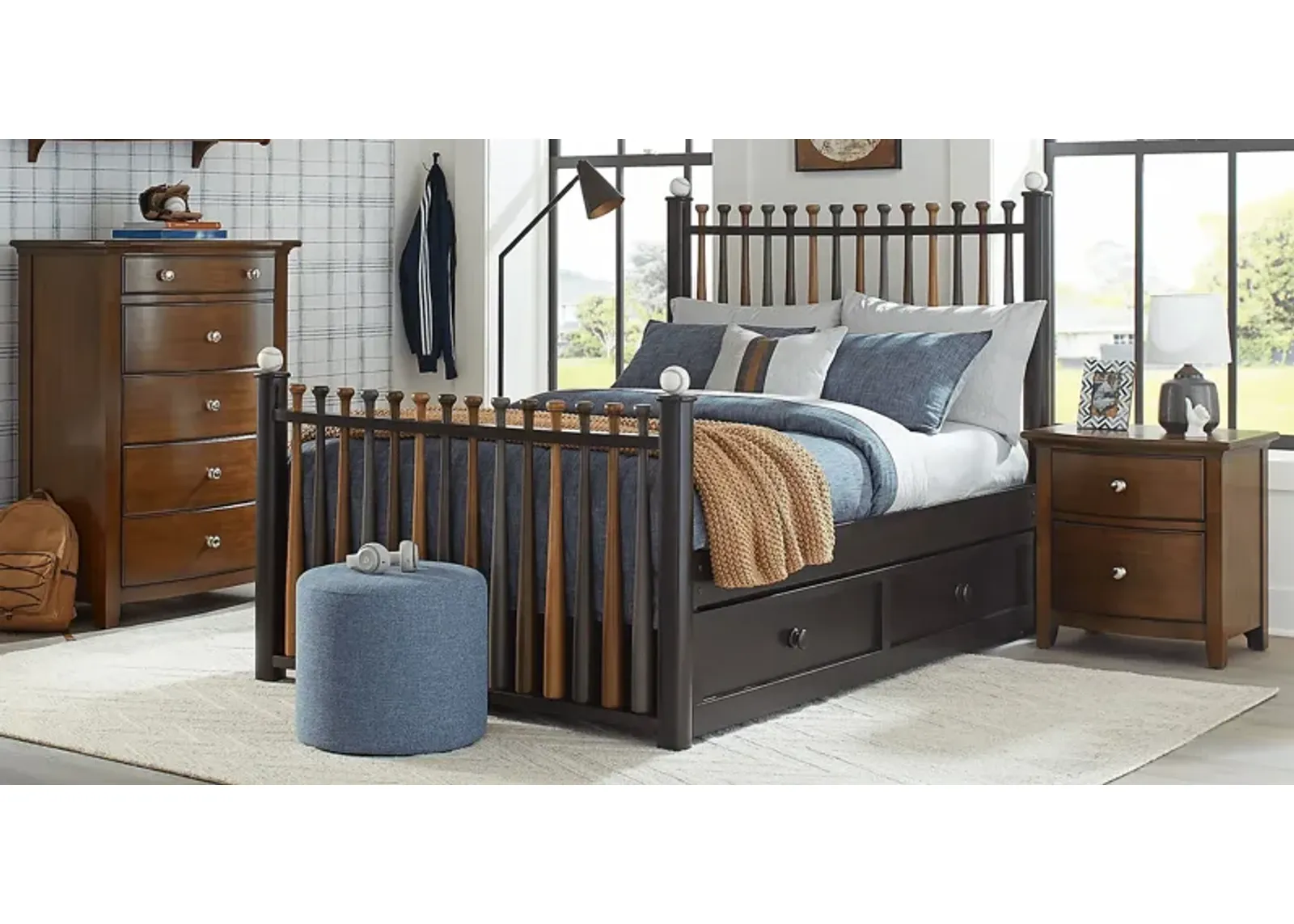 Kids Santa Cruz Brown Cherry 5 Pc Bedroom with Batter Up Stained Twin Baseball Bat Bed