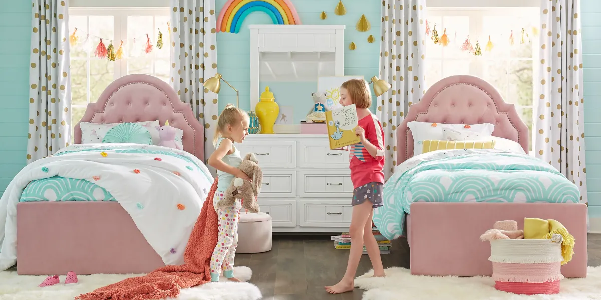 Kids Cottage Colors White Bedroom with 2 Braelynn Pink Twin Upholstered Beds