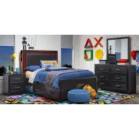 Kids Carbon Optix Black 7 Pc Full Storage Bedroom with LED Lights and Trundle