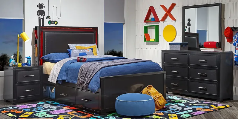 Kids Carbon Optix Black 7 Pc Full Storage Bedroom with LED Lights and Trundle
