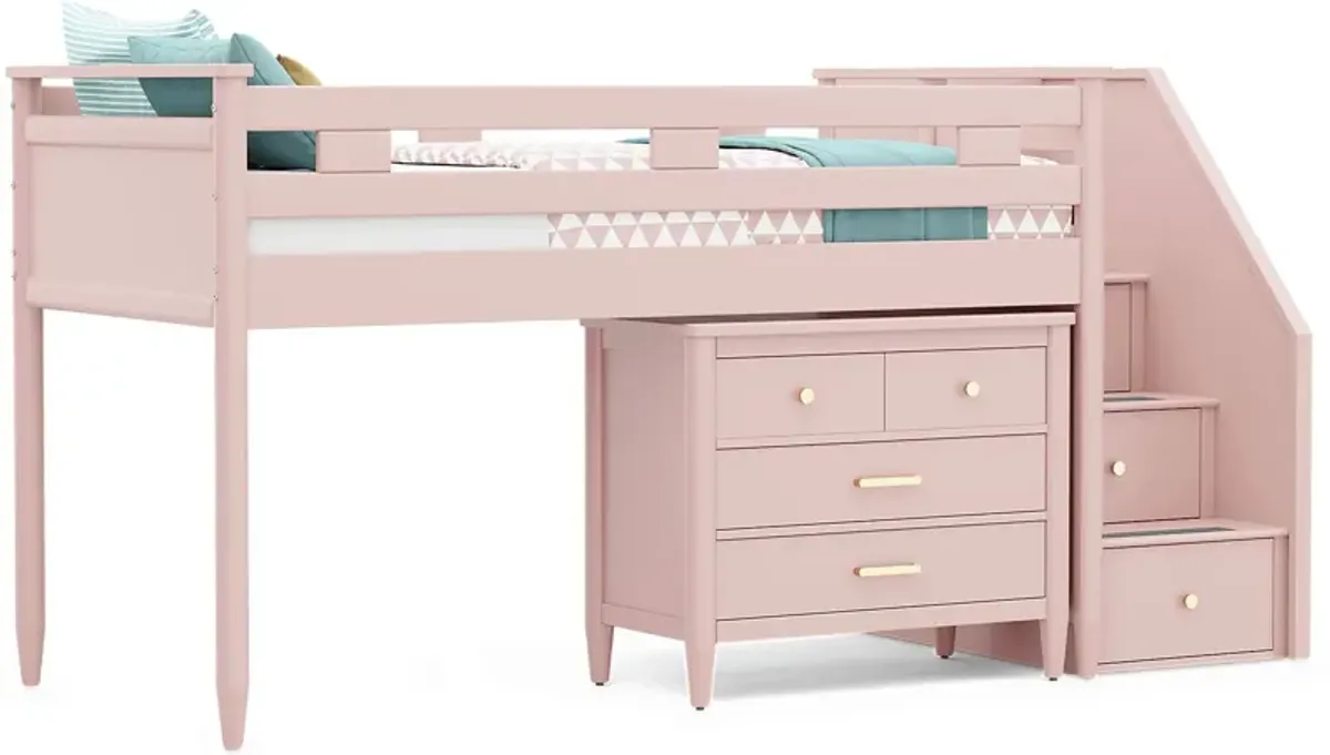 Kids Modern Colors Pink Twin Step Loft with Loft Chest