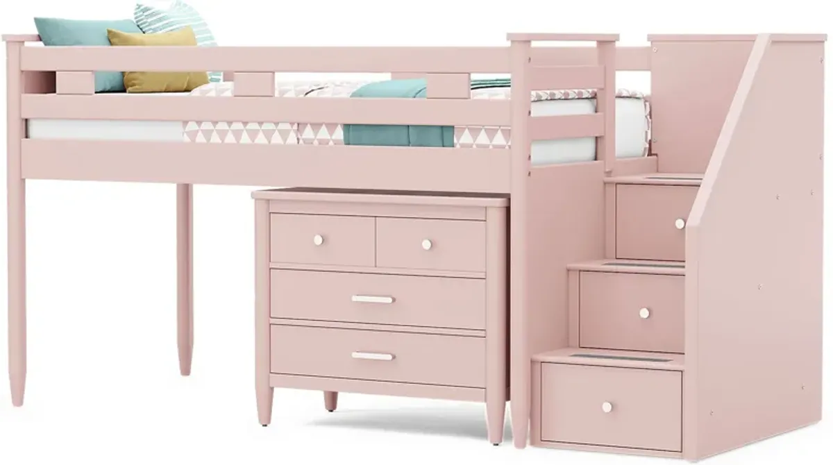 Kids Modern Colors Pink Twin Step Loft with Loft Chest