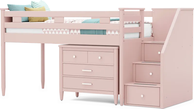 Kids Modern Colors Pink Twin Step Loft with Loft Chest