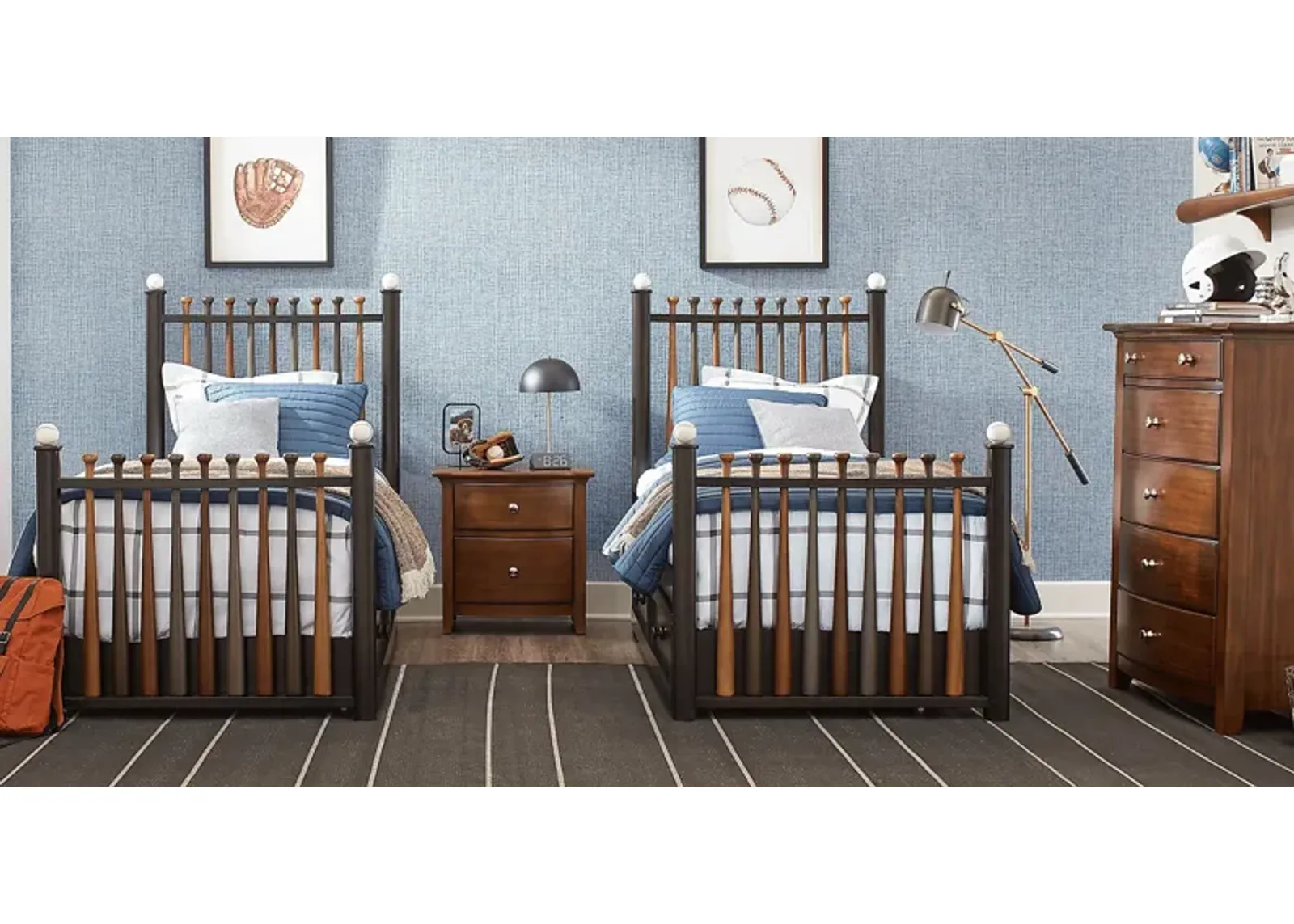 Kids Santa Cruz Brown Cherry 8 Pc Bedroom with 2 Batter Up Stained Twin Baseball Bat Beds