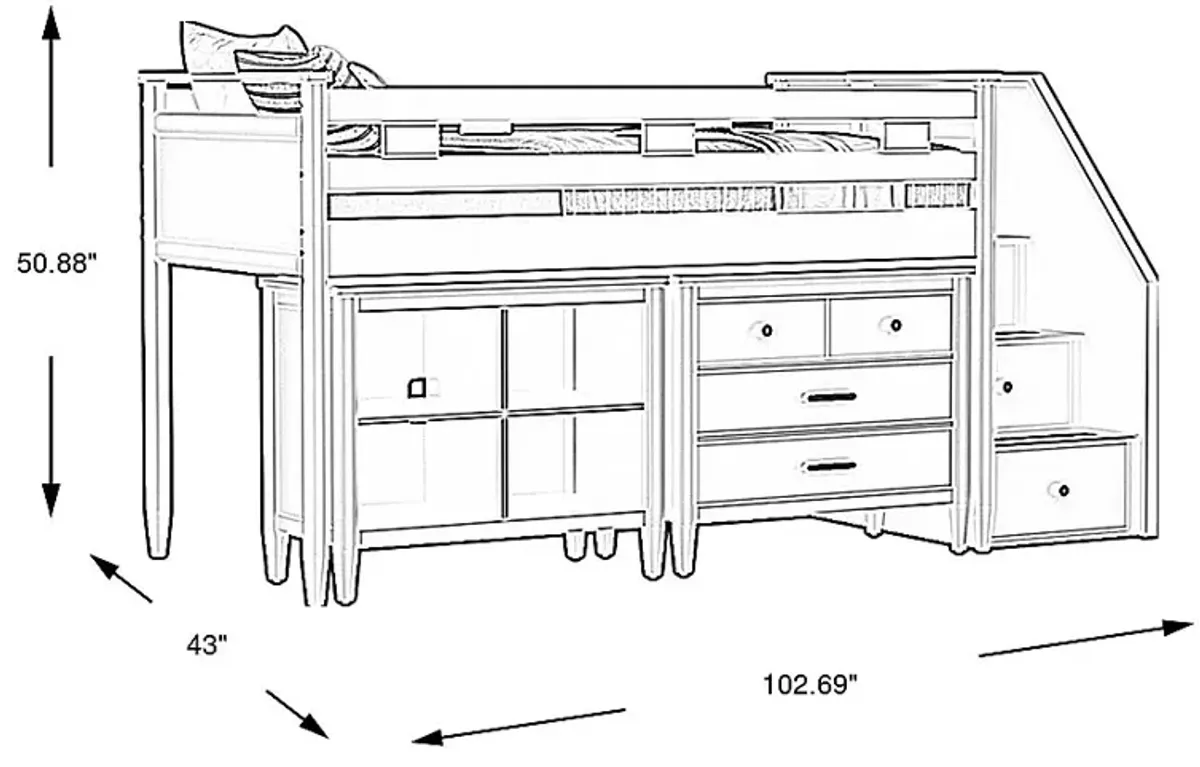 Kids Modern Colors Iron Ore Twin Step Loft with Loft Chest and Bookcase