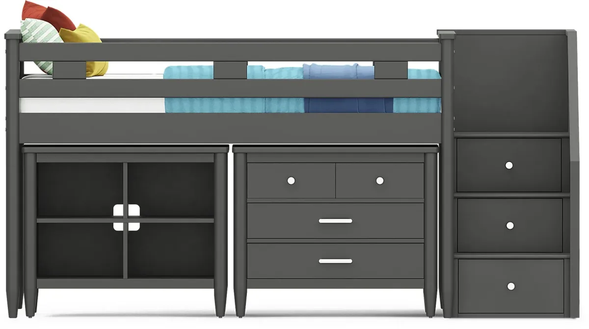 Kids Modern Colors Iron Ore Twin Step Loft with Loft Chest and Bookcase