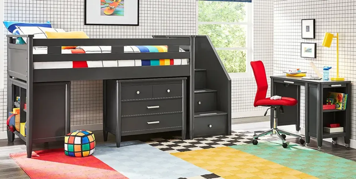 Kids Modern Colors Iron Ore Twin Step Loft with Loft Chest and Bookcase