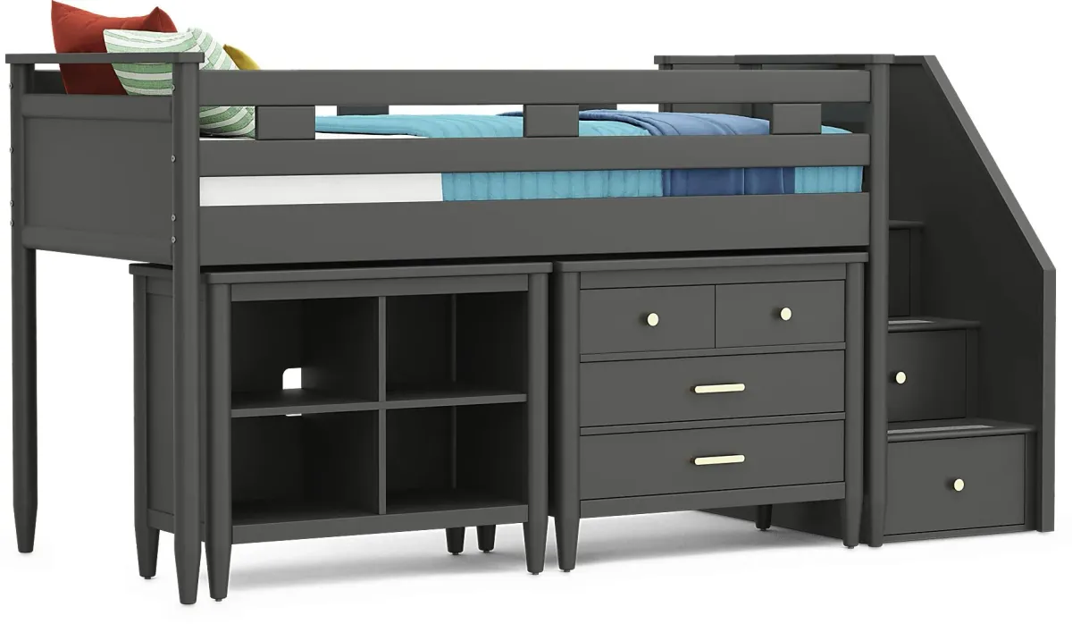 Kids Modern Colors Iron Ore Twin Step Loft with Loft Chest and Bookcase