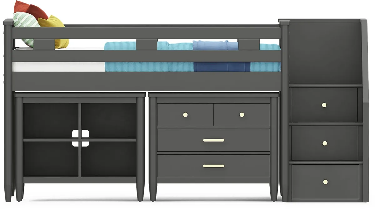 Kids Modern Colors Iron Ore Twin Step Loft with Loft Chest and Bookcase
