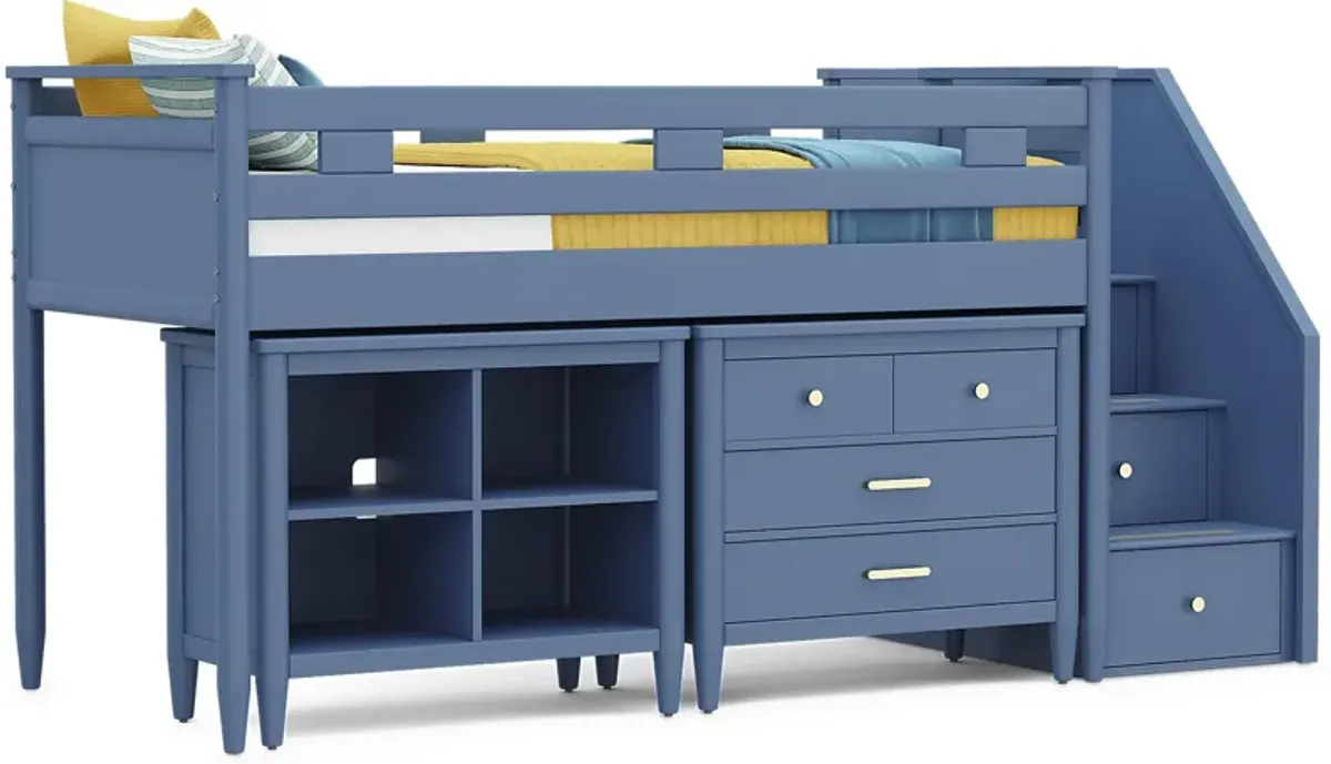 Kids Modern Colors Slate Blue Twin Step Loft with Loft Chest and Bookcase