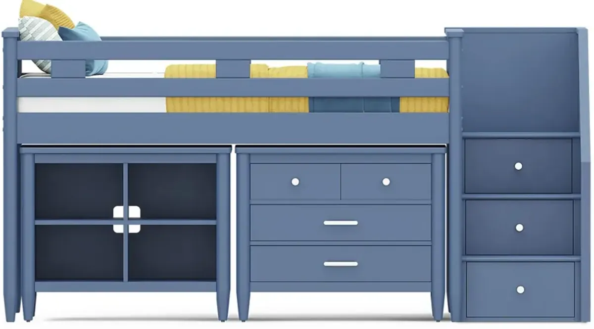 Kids Modern Colors Slate Blue Twin Step Loft with Loft Chest and Bookcase