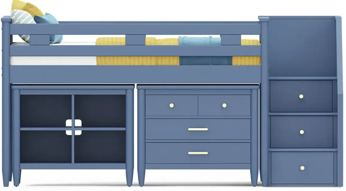 Kids Modern Colors Slate Blue Twin Step Loft with Loft Chest and Bookcase