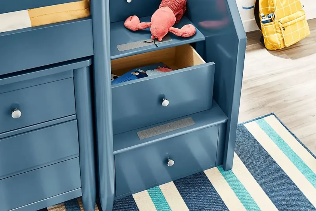 Kids Modern Colors Slate Blue Twin Step Loft with Loft Chest and Bookcase