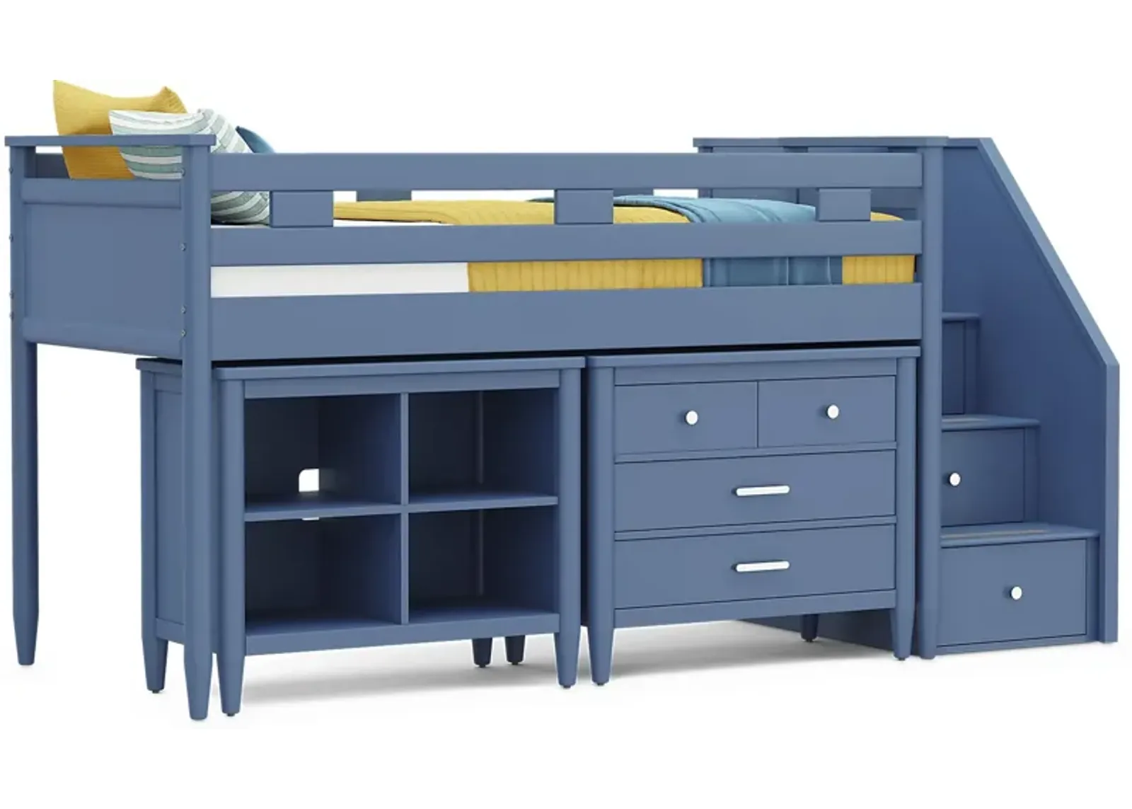 Kids Modern Colors Slate Blue Twin Step Loft with Loft Chest and Bookcase