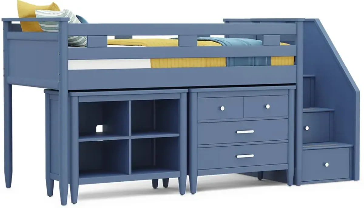 Kids Modern Colors Slate Blue Twin Step Loft with Loft Chest and Bookcase