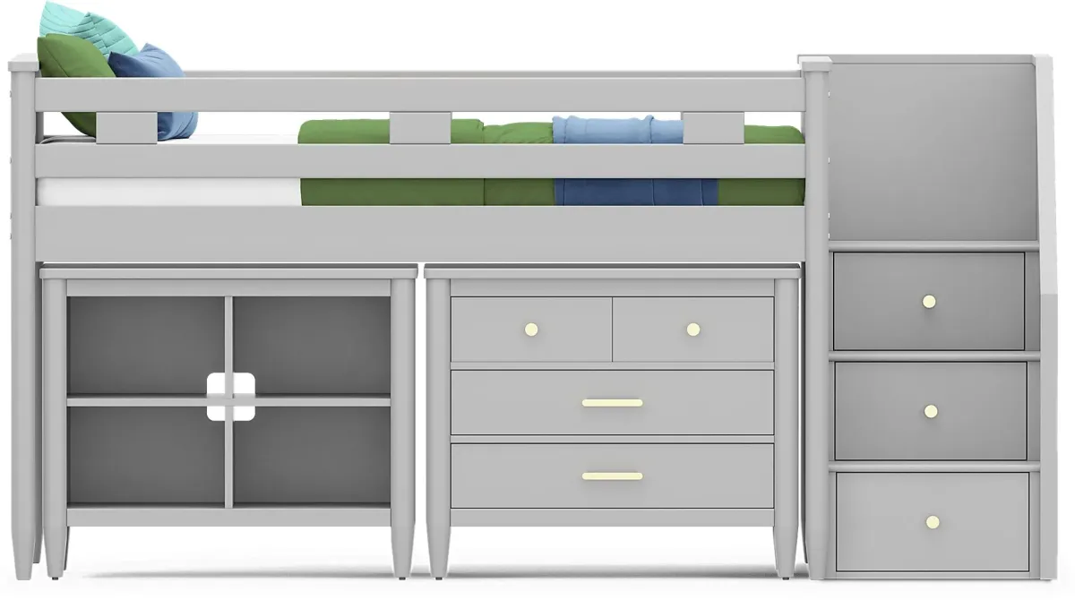 Kids Modern Colors Light Gray Twin Step Loft with Loft Chest and Bookcase