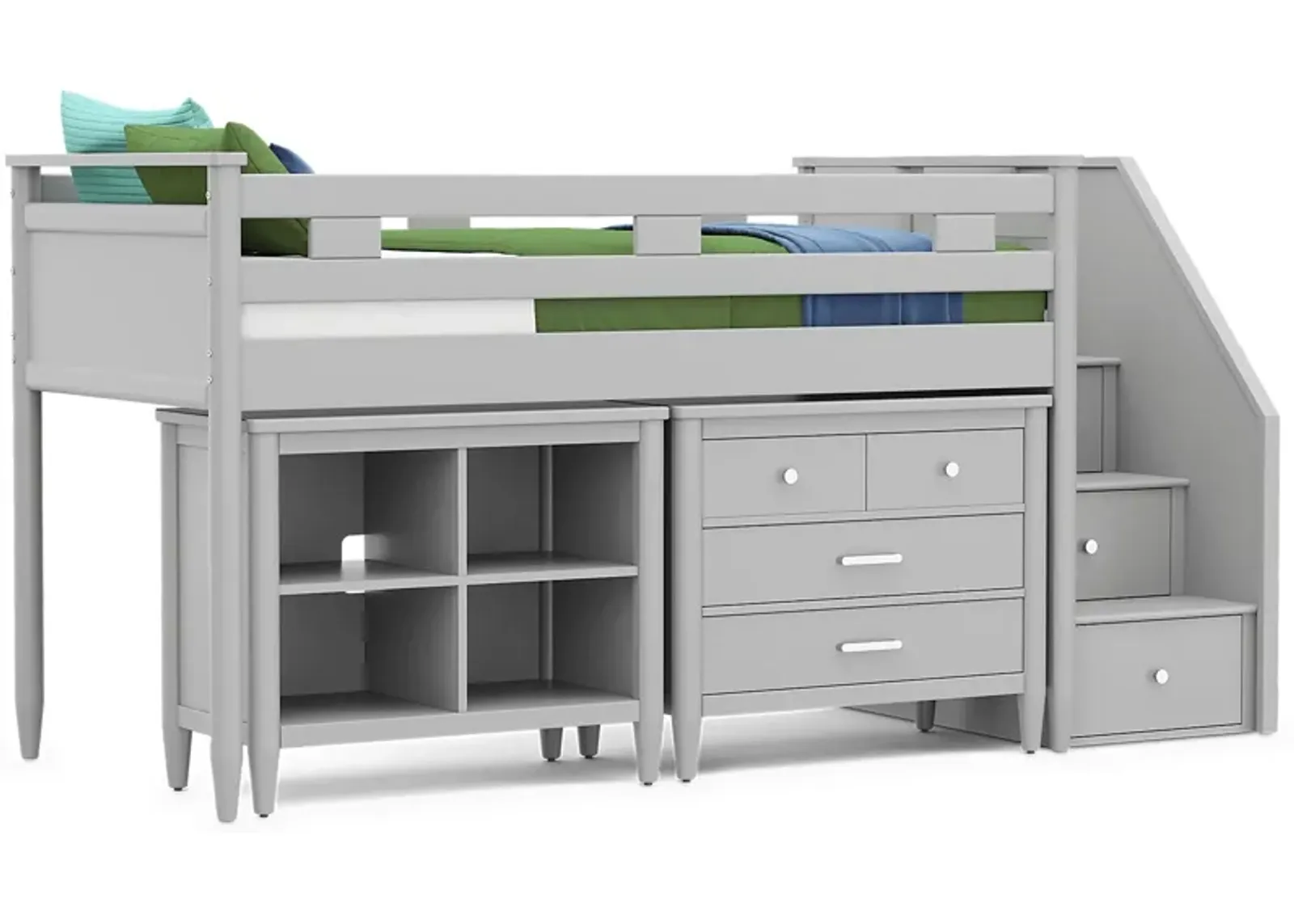 Kids Modern Colors Light Gray Twin Step Loft with Loft Chest and Bookcase