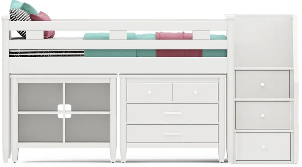 Kids Modern Colors White Twin Step Loft with Loft Chest and Bookcase