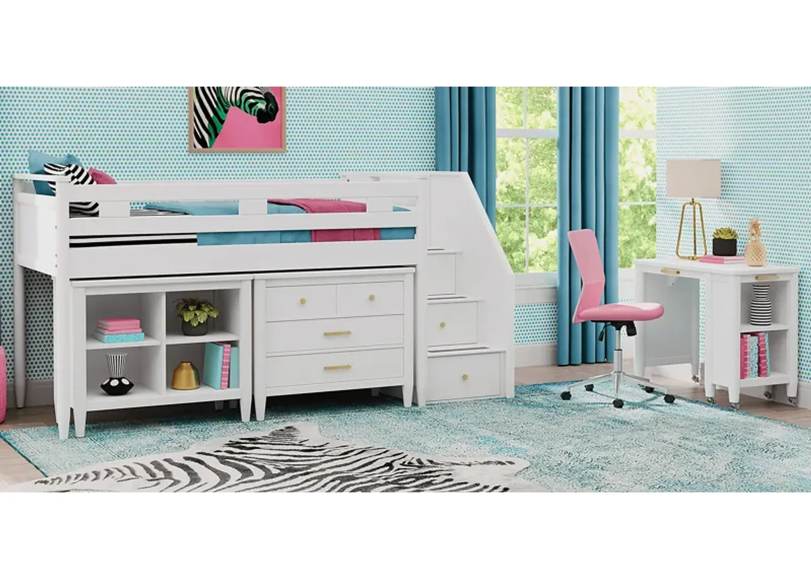 Kids Modern Colors White Twin Step Loft with Loft Chest and Bookcase