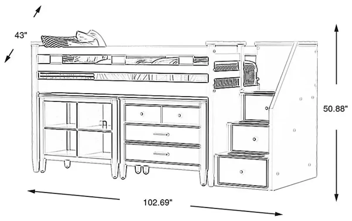 Kids Modern Colors White Twin Step Loft with Loft Chest and Bookcase