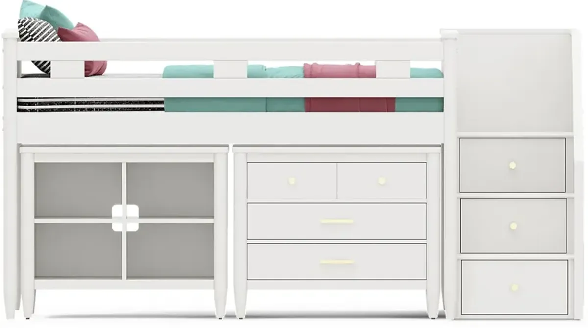 Kids Modern Colors White Twin Step Loft with Loft Chest and Bookcase