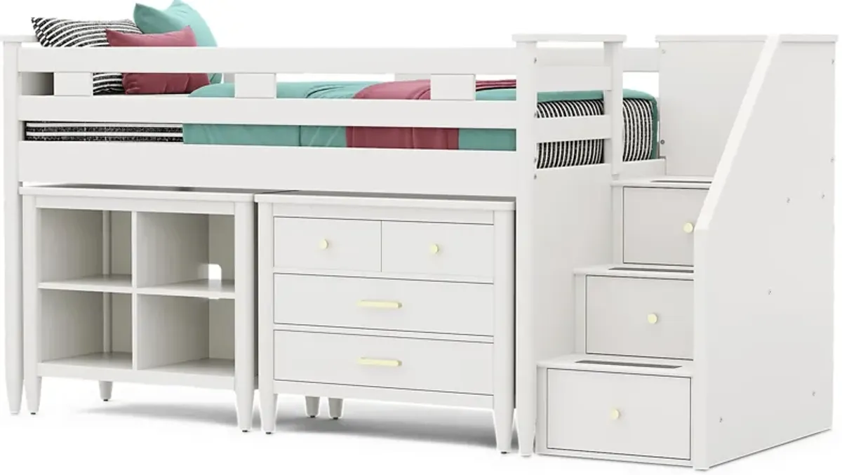 Kids Modern Colors White Twin Step Loft with Loft Chest and Bookcase