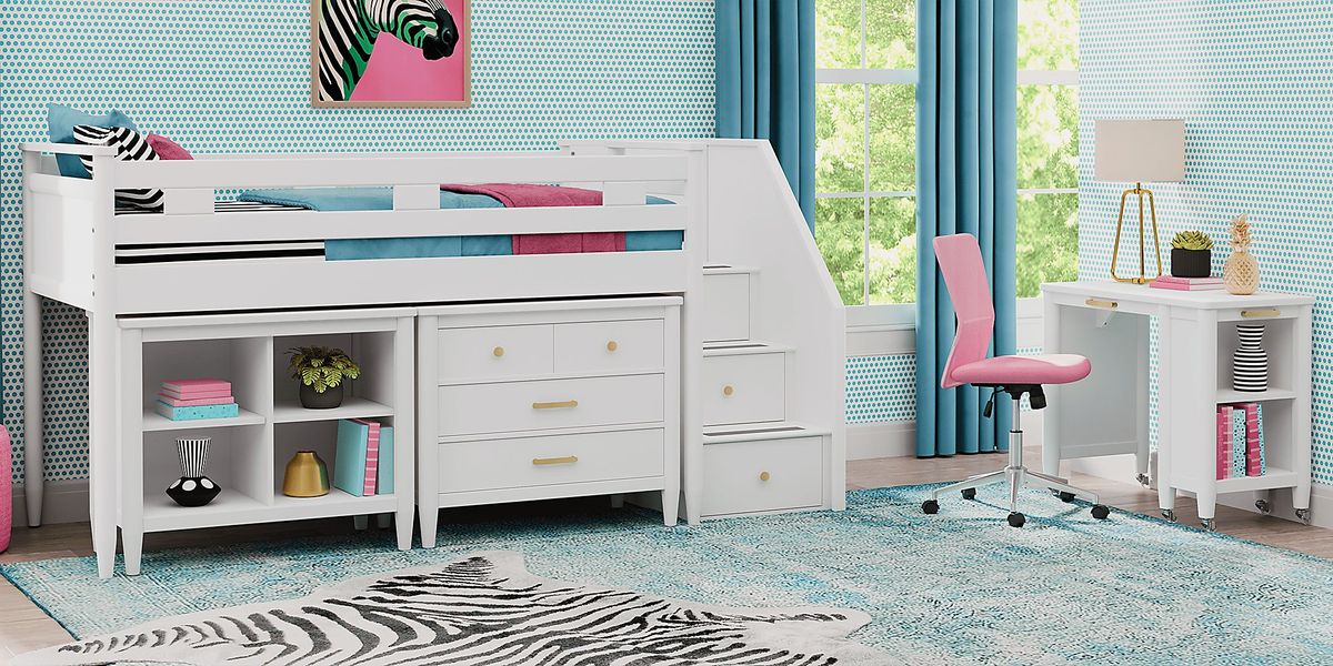 Kids Modern Colors White Twin Step Loft with Loft Chest and Bookcase