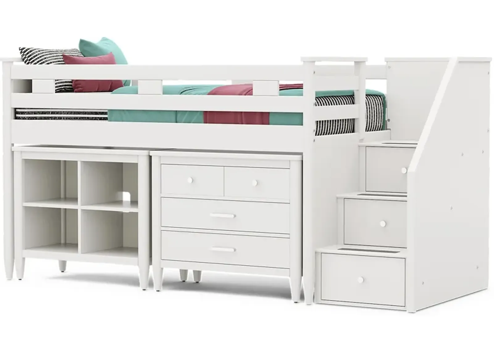 Kids Modern Colors White Twin Step Loft with Loft Chest and Bookcase