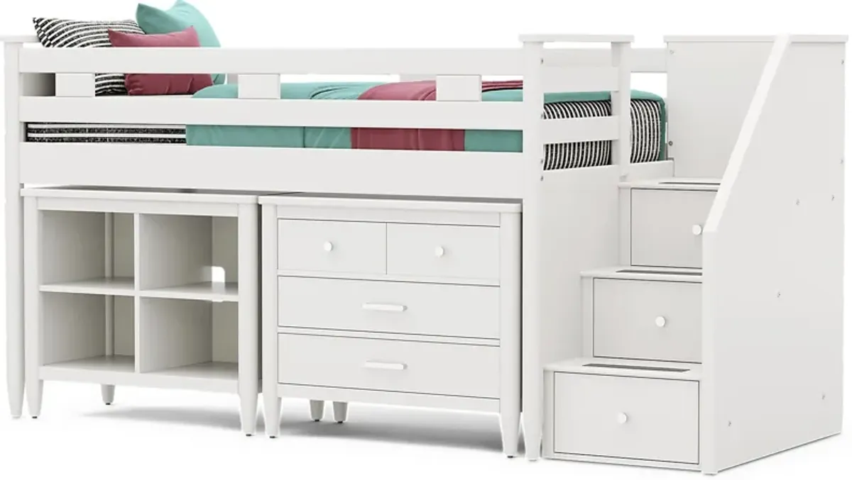 Kids Modern Colors White Twin Step Loft with Loft Chest and Bookcase