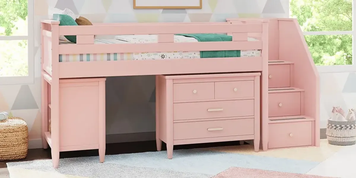 Kids Modern Colors Pink Twin Step Loft with Loft Chest and Bookcase