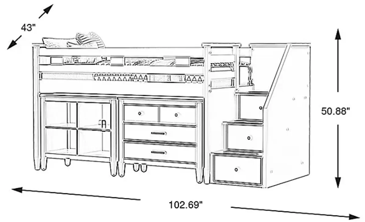 Kids Modern Colors Pink Twin Step Loft with Loft Chest and Bookcase