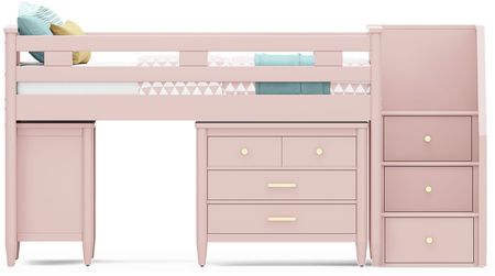 Kids Modern Colors Pink Twin Step Loft with Loft Chest and Bookcase