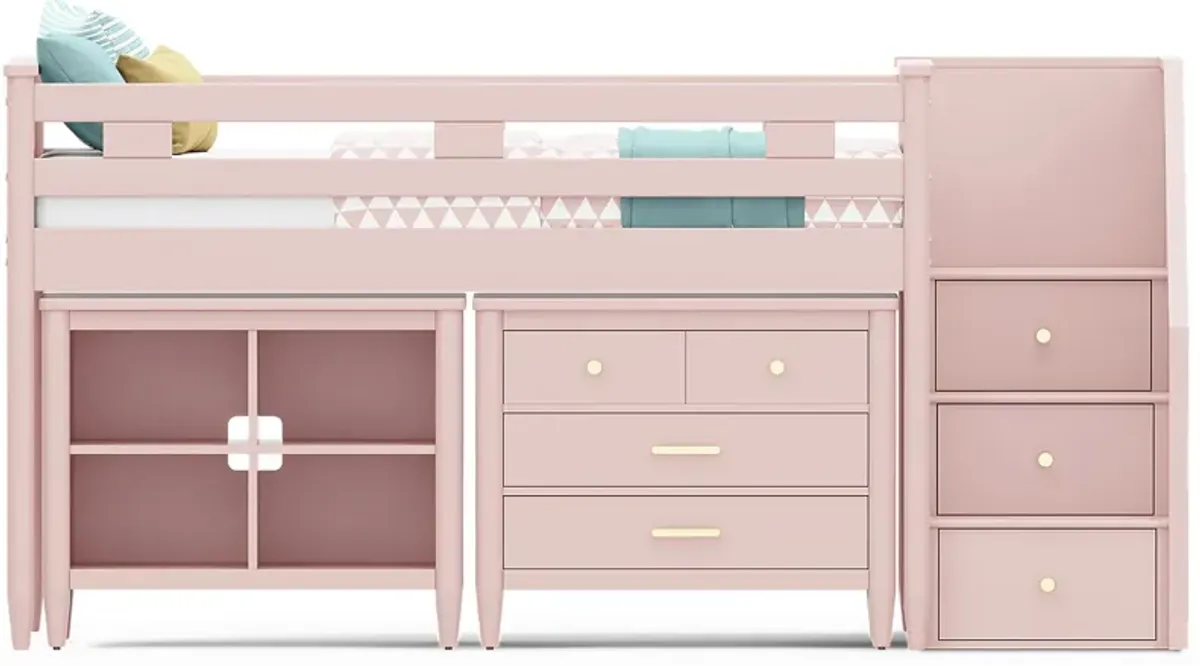 Kids Modern Colors Pink Twin Step Loft with Loft Chest and Bookcase