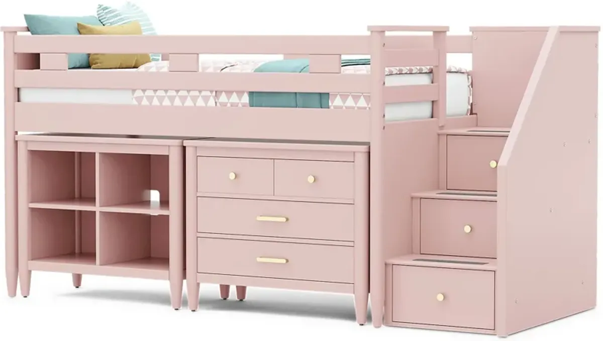 Kids Modern Colors Pink Twin Step Loft with Loft Chest and Bookcase