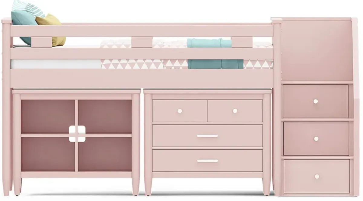 Kids Modern Colors Pink Twin Step Loft with Loft Chest and Bookcase