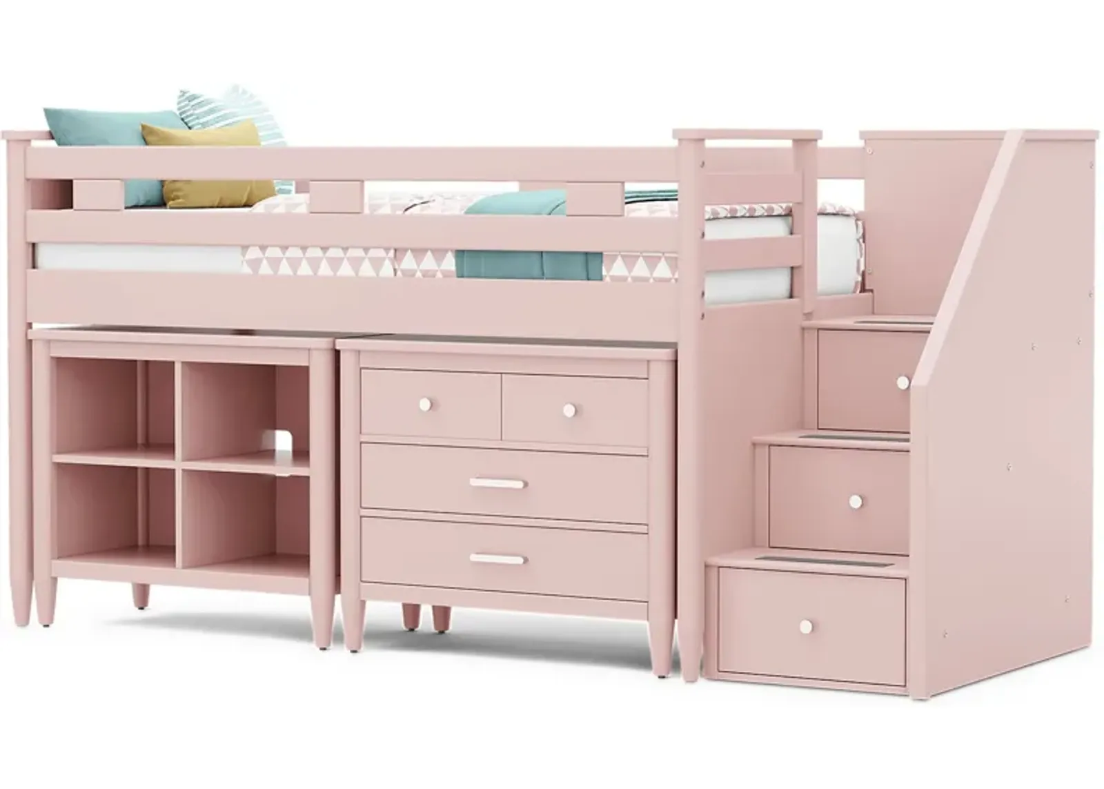 Kids Modern Colors Pink Twin Step Loft with Loft Chest and Bookcase