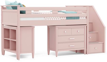 Kids Modern Colors Pink Twin Step Loft with Loft Chest and Bookcase