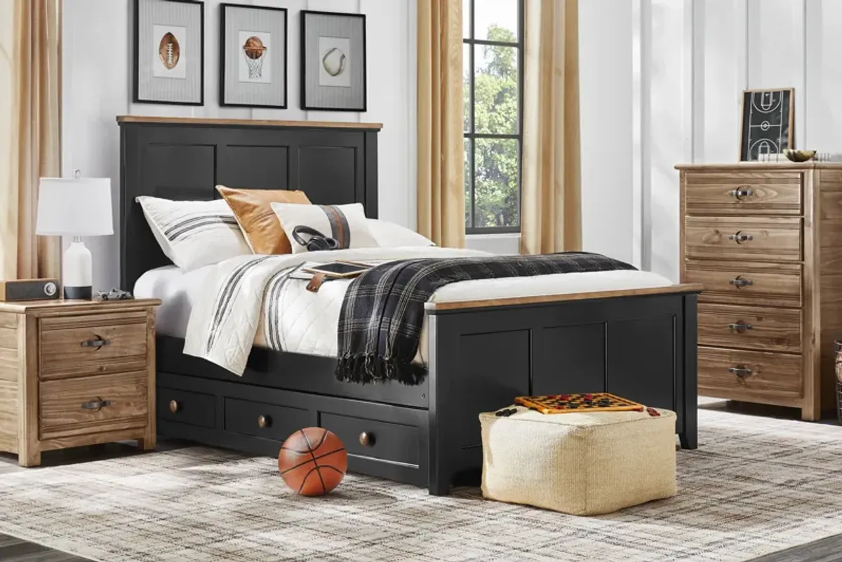 Kids Sugar Hollow Black Twin Panel Bedroom with Creekside 2.0 Chestnut Chest and Nightstand