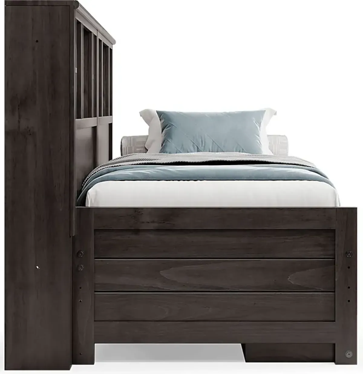 Kids Creekside 2.0 Charcoal 5 Pc Twin Bookcase Wall Bed with Storage Side Rail