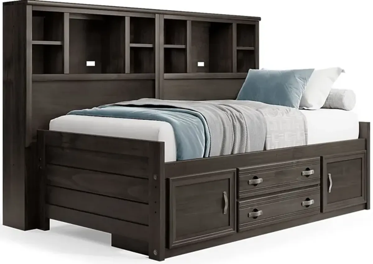 Kids Creekside 2.0 Charcoal 5 Pc Twin Bookcase Wall Bed with Storage Side Rail