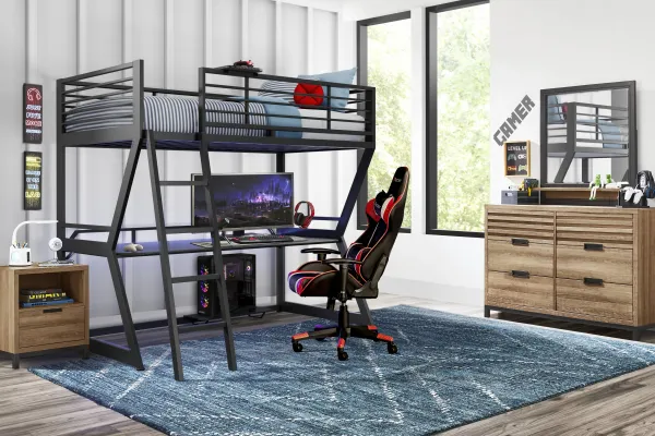 Kids Northridge Drive Caramel Bedroom with Carbon Optix Black Twin Gaming Loft Bed
