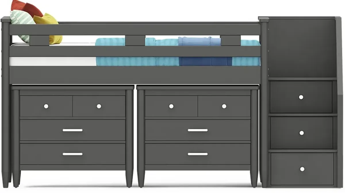 Kids Modern Colors Iron Ore Twin Step Loft with Loft Chests