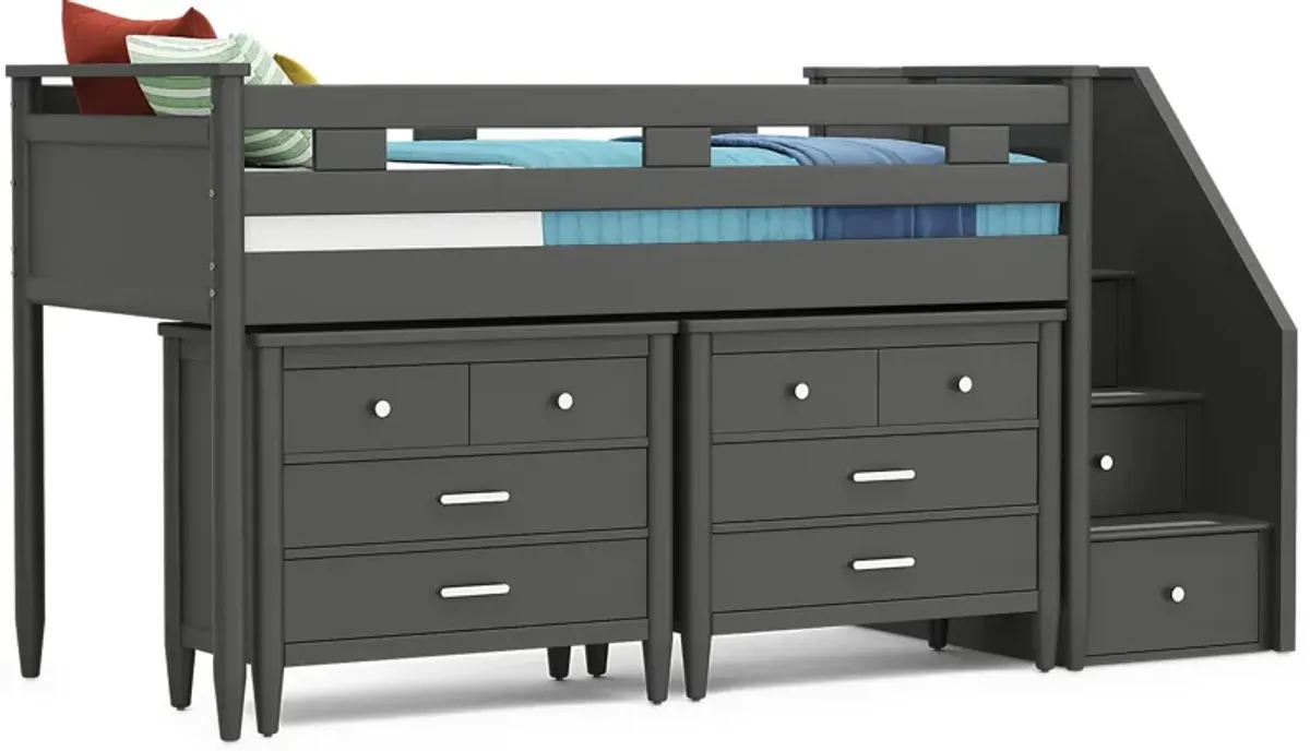 Kids Modern Colors Iron Ore Twin Step Loft with Loft Chests